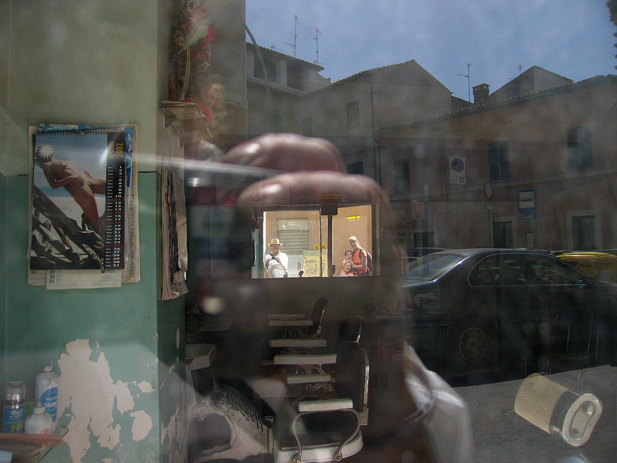 Barbershop Interior With Artist and His Family Reflected in Mirror, Foligno