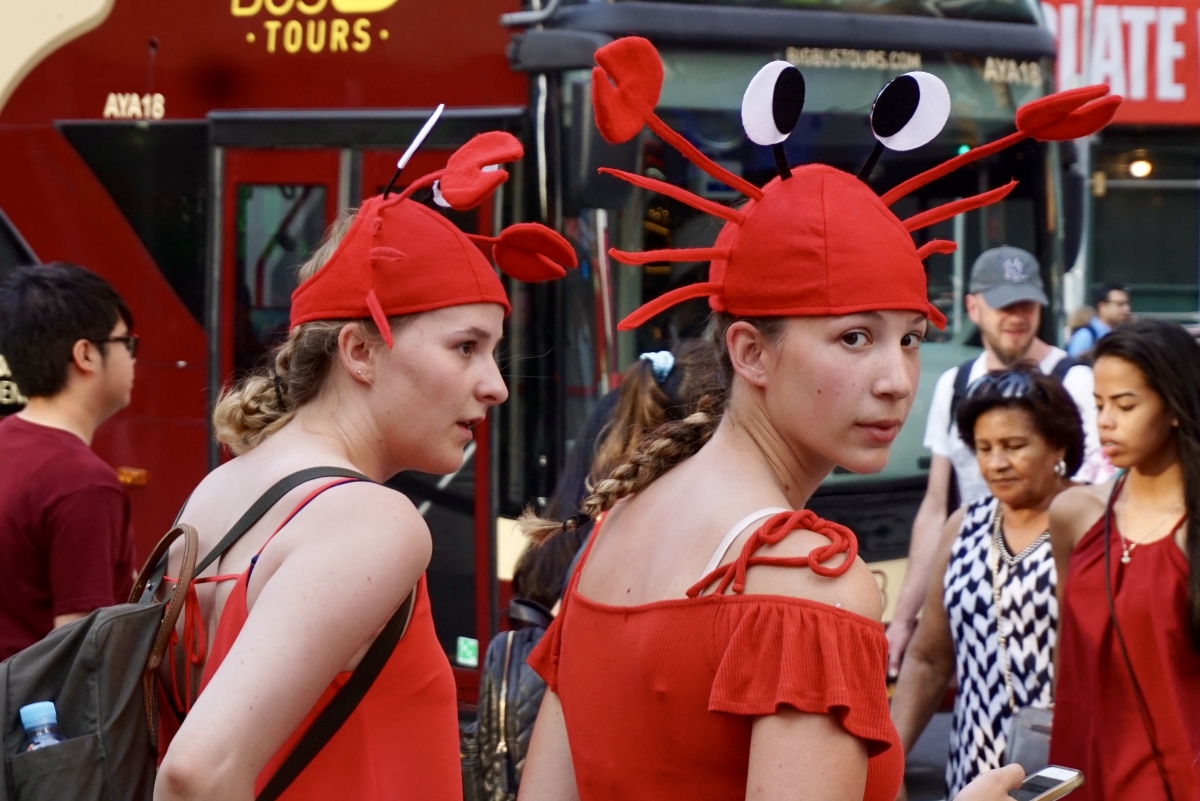 Two Girls in Red Costume at Times Square