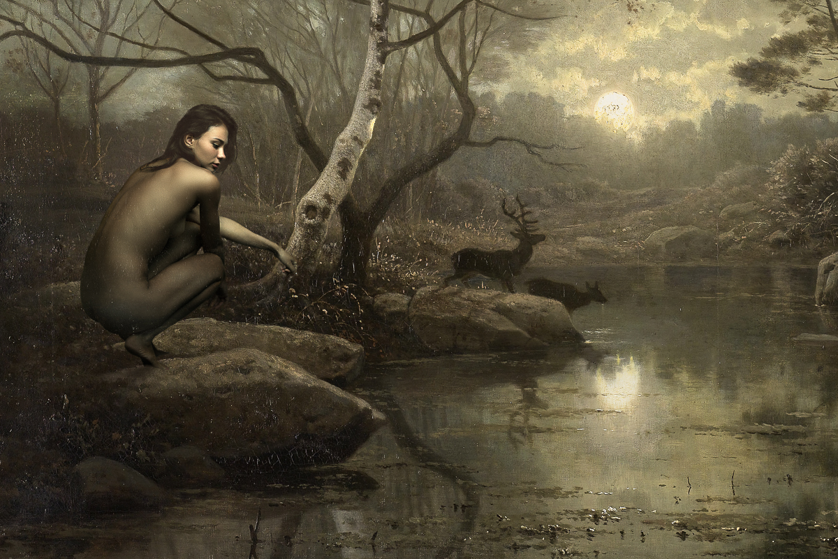 Kristina in the Forest Landscape in the Moonlight