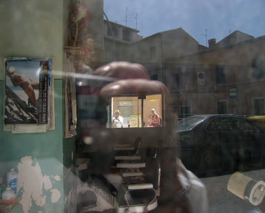 Barbershop Interior With Artist and His Family Reflected in Mirror, Foligno