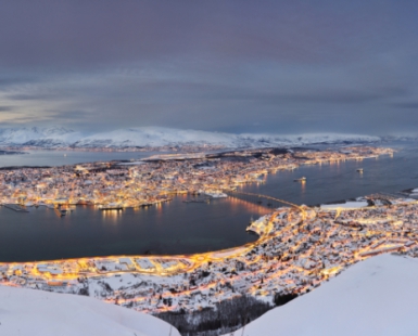 Panoramic view of the winter Tromso in the snow