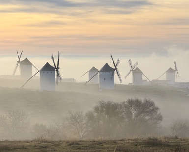 Windmills in the fog