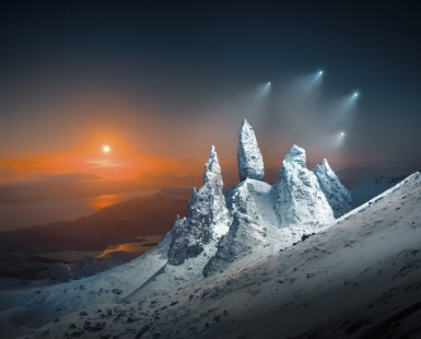 Moonrise Sprites Over Storr